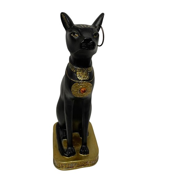 Egyptian-Style Black Cat Figurine With Gold DetailingBase